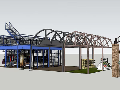 Architectural Steel Structure Model With Blue Railings Staircase And Display Shelves 3d model