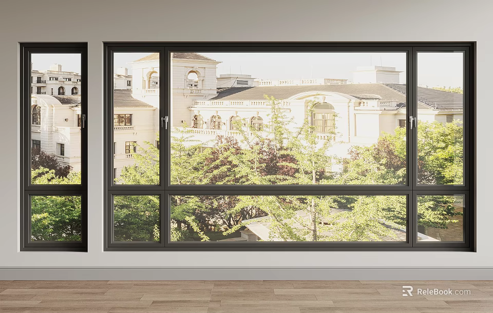Elegant Floor to Ceiling Windows Interior With Black Frame Wooden Floor Building And Greenery View 3d model 