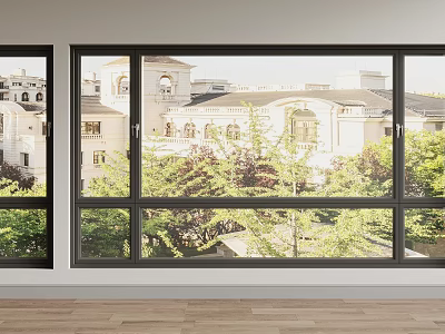 Elegant Floor to Ceiling Windows Interior With Black Frame Wooden Floor Building And Greenery View 3d model