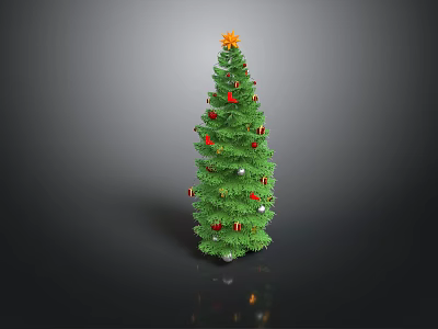 Decorated Christmas Tree With Green Pine Branches Red Gold Ornaments And Star Topper 3d model
