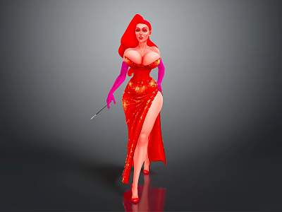 Game Movie Character In Red Sequined Dress High Slit Red Hair Pink Gloves Holding Wand 3d model