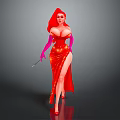 Game Movie Character In Red Sequined Dress High Slit Red Hair Pink Gloves Holding Wand