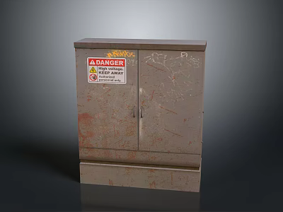 Rusted Industrial Metal Storage Cabinet With Danger Warning Sign And Double Doors 3d model