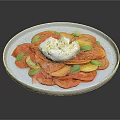 Fresh Burrata Salad with Sliced Tomatoes Fresh Basil Drizzled Olive Oil on Blue Plate