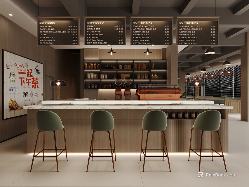 Modern Bar Interior With Counter Stools Menu Boards And Bottle Shelves 3d model 