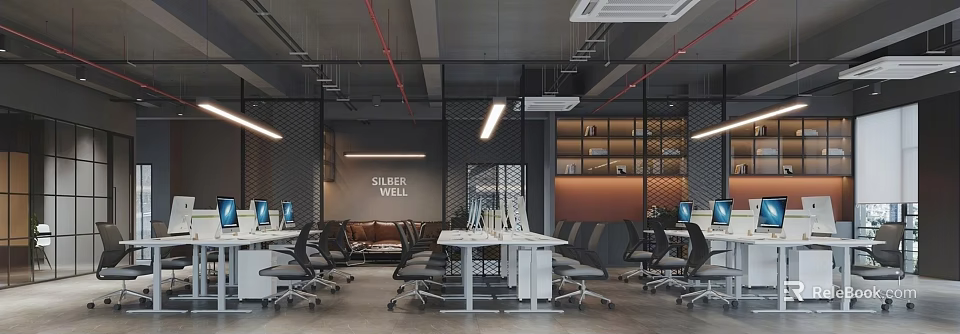 Modern Public Office Space With Open Layout Workstations Shelves Lighting And Cozy Meeting Area 3d model 