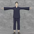 3D Game and Movie Character in Traditional Blue Outfit with Extended Arms on Gray Background