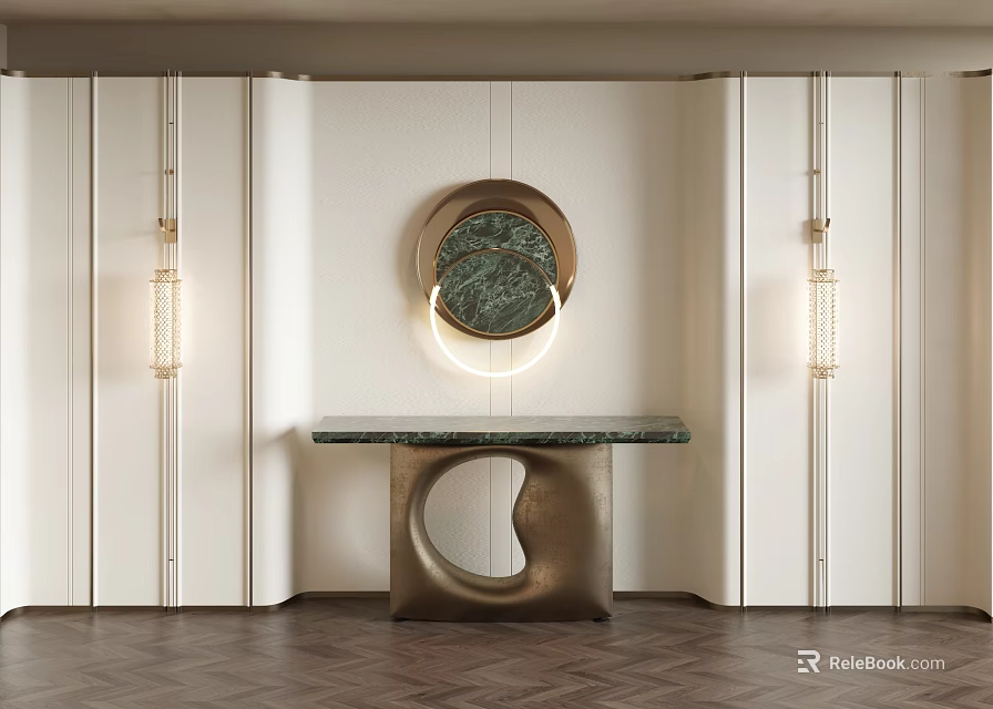 Modern White Background Wall With Circular Green Marble Decor Gold Frame And Marble Console Table 3d model