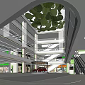 Modern Shopping Mall Lobby Interior With Green Leaf Ceiling And Escalators 3d model