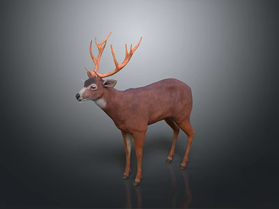 Realistic Brown Deer Sculpture With Orange Antlers Standing On Gray Background 3d model