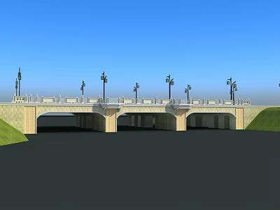 Stone Arch Bridge With Ornate Street Lamps Over River Under Blue Sky 3d model