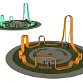 Public Square Landscape with Yellow Blue Curved Play Structures Circular Lawn and People Enjoying Playtime