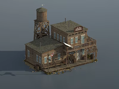 Western Saloon Building With Wooden Water Tower Porch And Decorative Wheels 3d model