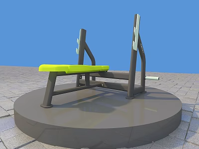 Outdoor Fitness Weight Bench With Green Padded Seat And Black Metal Frame On Circular Platform 3d model