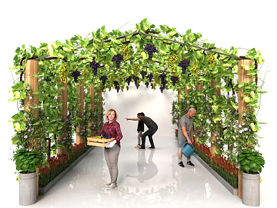 Grape Vines And Crops On Agricultural Archway With People Harvesting And Maintaining 3d model