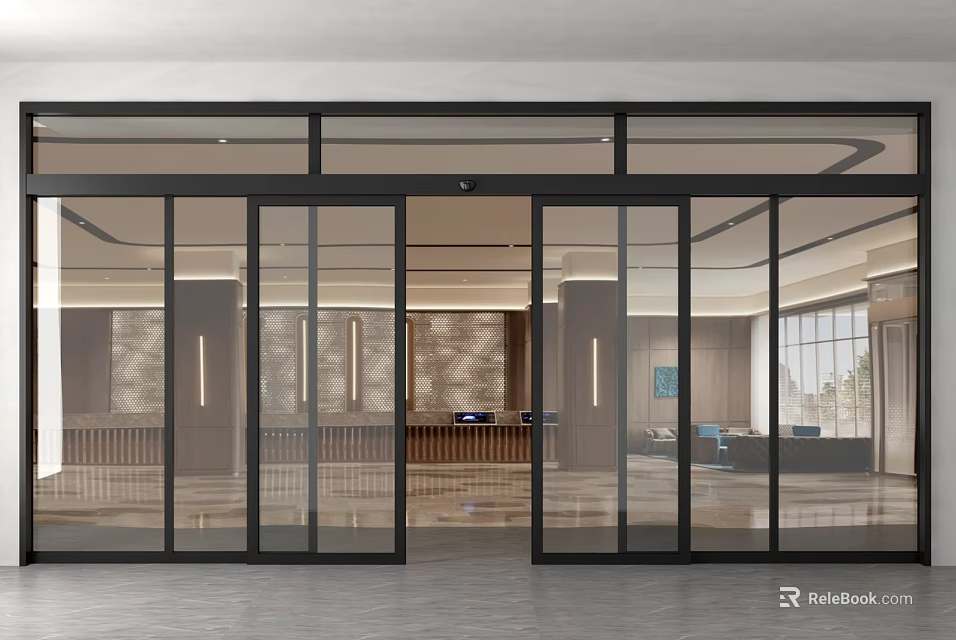 Modern Glass Entrance Door With Lobby Interior And Reception Counter Design 3d model 