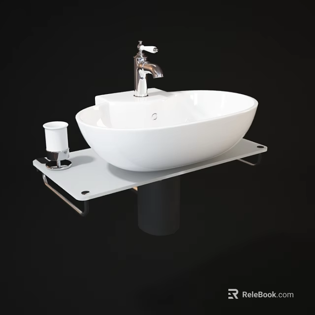 Stylish White Washbasin With Silver Faucet White Cup And Black Stand 3d model 