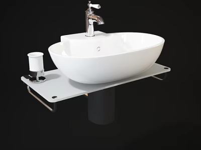 Stylish White Washbasin With Silver Faucet White Cup And Black Stand 3d model
