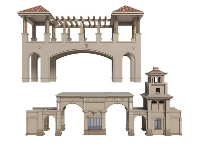 Mediterranean Architectural Components With Arches Tower Pergola And Red Tile Roofs 3d model