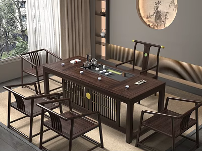 Traditional Chinese Tea Room Interior With Wooden Tea Table And Chinese Style Chairs 3d model