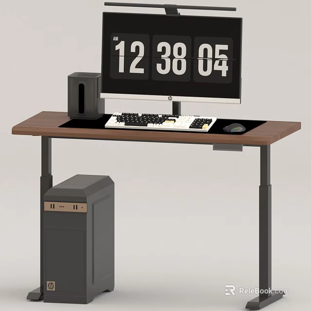 Modern Office Workstation Desk With Digital Clock Monitor Keyboard Mouse And Computer Tower 3d model 