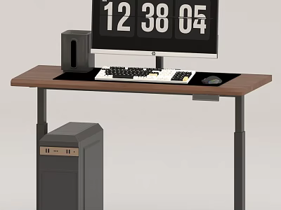 Modern Office Workstation Desk With Digital Clock Monitor Keyboard Mouse And Computer Tower 3d model
