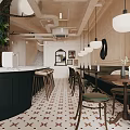 Elegant Dining and Living Room Interior With Chandelier Bar Counter Fountain And Geometric Floor Tiles