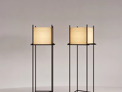 Two Minimalist Floor Lamps With Beige Shades And Black Metal Frames On Light Background 3d model
