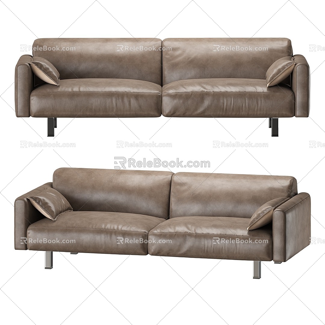 Simple Leather Two-Seat Sofa Leather Two-Seat Sofa Simple Sofa Brown Leather Sofa Cushion 3d model