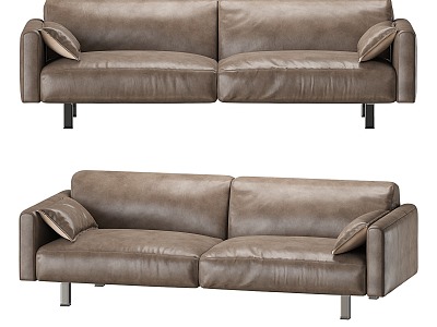 Simple Leather Two-Seat Sofa Leather Two-Seat Sofa Simple Sofa Brown Leather Sofa Cushion 3d model