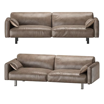 Modern Brown Leather Two Seater Sofa With Cushions And Metal Legs 3d model