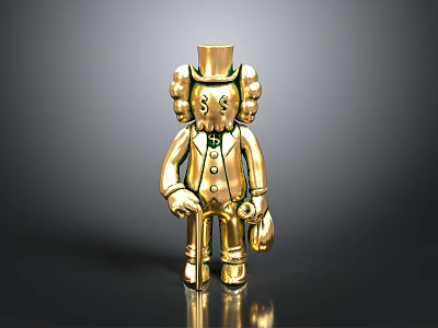 Golden Humanoid Decorative Figurine With Top Hat Curly Hair Buttoned Coat And Bag 3d model