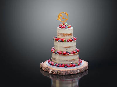 Three Tier Fresh Berry Cake With Golden Decoration On Wooden Base 3d model