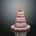 Three Tier Fresh Berry Cake With Golden Decoration On Wooden Base
