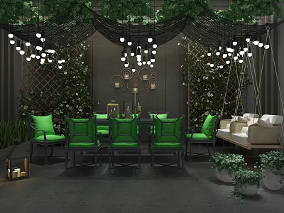 Dining Table Set with Green Chairs Hanging Lights and Foliage Decor 3d model