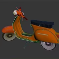 Classic Orange Scooter with Black Seat and Reflective Surface on Dark Background