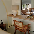 Modern Hotel Room with Large Window Mountain View Beige Curtains and Potted Plant