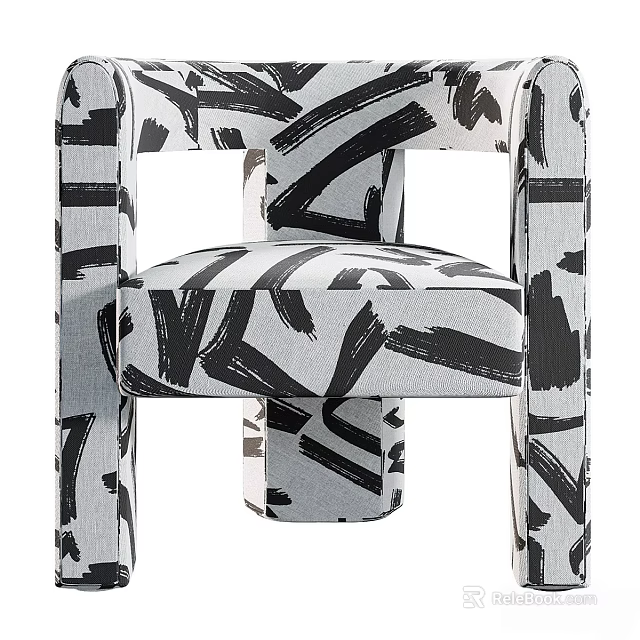 Modern Accent Chair With Black And White Abstract Brushstroke Pattern Upholstered Design 3d model 
