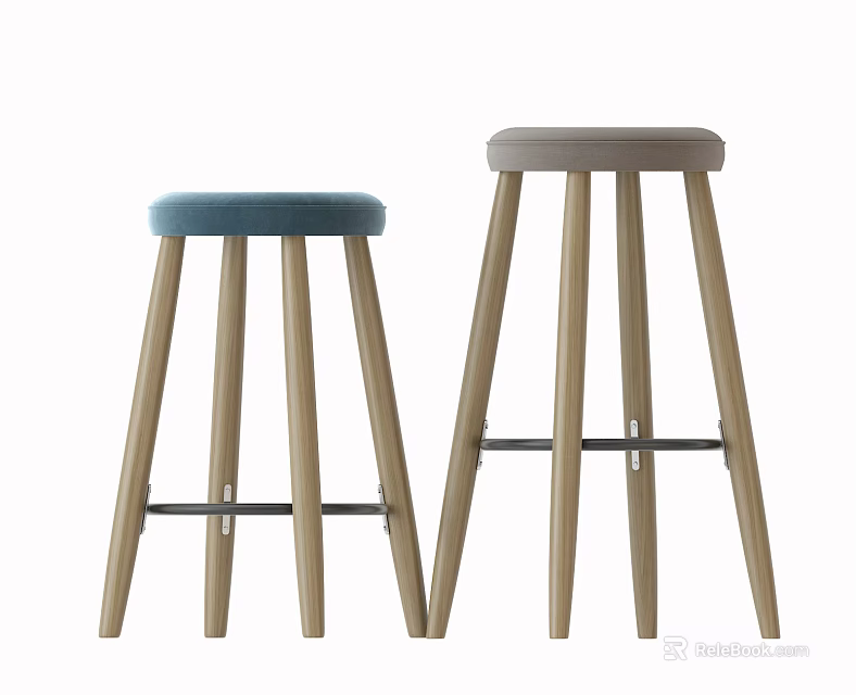 Stylish Bar Stools Featuring Blue And Gray Cushions With Wooden Legs And Crossbar Design 3d model 