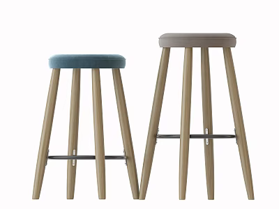 Stylish Bar Stools Featuring Blue And Gray Cushions With Wooden Legs And Crossbar Design 3d model