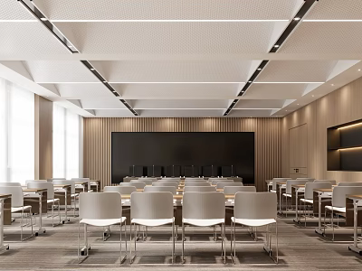 Modern Conference Room Interior With Wooden Walls Large Blackboard Ceiling Lights And Arranged Chairs 3d model