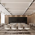 Modern Conference Room Interior With Wooden Walls Large Blackboard Ceiling Lights And Arranged Chairs