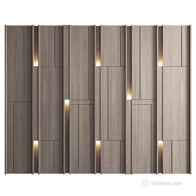 Modern Wooden Accent Wall With Vertical Panels And Built-in Lighting Elements 3d model 