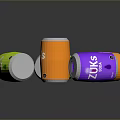 ZUK Colorful Beverage Cans In Orange Yellow And Purple Designs On Reflective Surface
