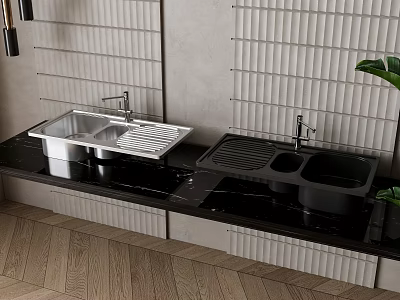 Stainless Steel And Black Sinks On Black Countertop With Striped Backsplash In Modern Kitchen Setting 3d model