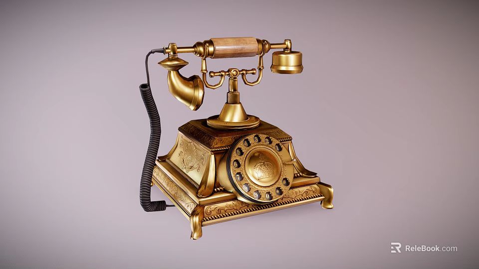 Vintage Golden Rotary Dial Telephone With Wooden Handset And Classic Design 3d model 