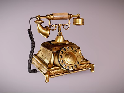 Vintage Golden Rotary Dial Telephone With Wooden Handset And Classic Design 3d model