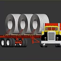 Yellow Flatbed Truck Carrying Three Silver Discs on Gray Reflective Surface 3d model
