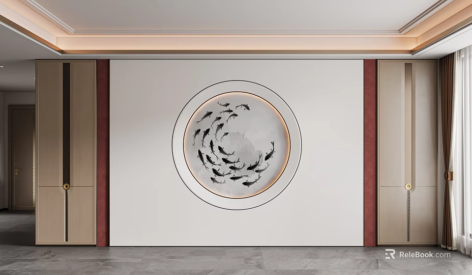 Chinese Style Minimalist Sofa Background Wall With Circular Fish Decoration 3d model 