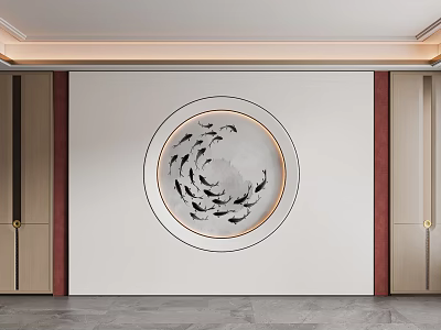 Chinese Style Minimalist Sofa Background Wall With Circular Fish Decoration 3d model